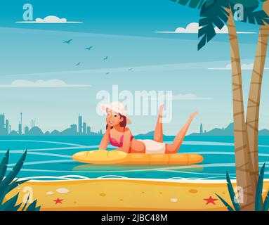 Water sports cartoon background with woman relaxing on air bed vector illustration Stock Vector