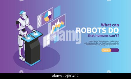 Artificial intelligence  isometric poster with robot benefits symbols  vector illustration Stock Vector