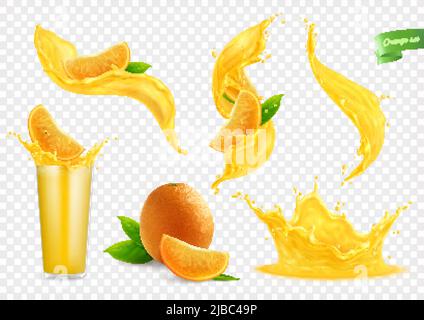 Orange juice splashes collection with isolated images of liquid flows drops whole fruit slices and glass vector illustration Stock Vector