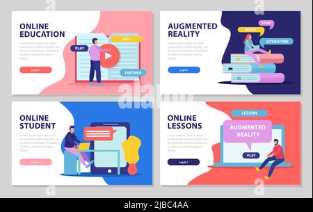 Set of four online education flat banners 4x1 with editable text clickable buttons and doodle images vector illustration Stock Vector