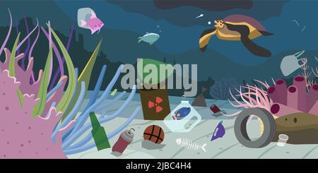 Water pollution background with sea creatures and garbage on bottom flat vector illustration Stock Vector