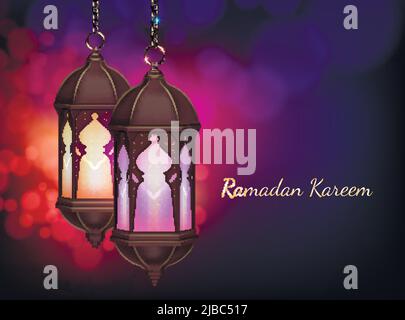 Ramadan kareem lantern hanging on chains composition with realistic images editable text and colourful blurry background vector illustration Stock Vector