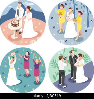 Wedding 2x2 design concept with bride and groom photographed cutting wedding cake throwing of wedding bouquet round icons isometric vector illustratio Stock Vector