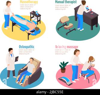 Massage therapy isometric 4x1 set of compositions with editable text and characters of physicians with patients vector illustration Stock Vector