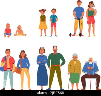 Flat icons set with different generations of people isolated on white background vector illustration Stock Vector