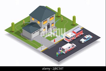 Isometric concept with building on fire and emergency cars 3d vector illustration Stock Vector
