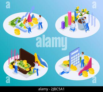 Set of four investment isometric image round compositions with circle platforms people infographic icons and money vector illustration Stock Vector