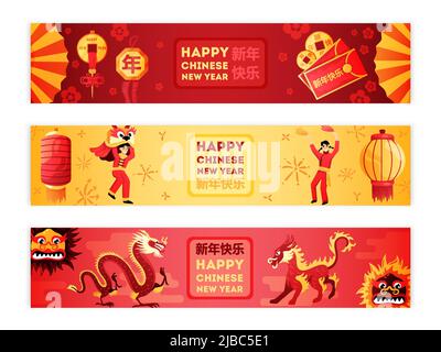 Happy chinese new year greetings celebration symbols lantern dragon mask 3 golden red horizontal banners vector illustration Stock Vector