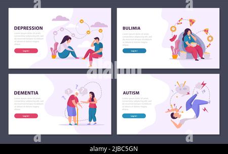 Mental disorders 2x2 design concept set of depression dementia autism bulimia flat compositions vector illustration Stock Vector