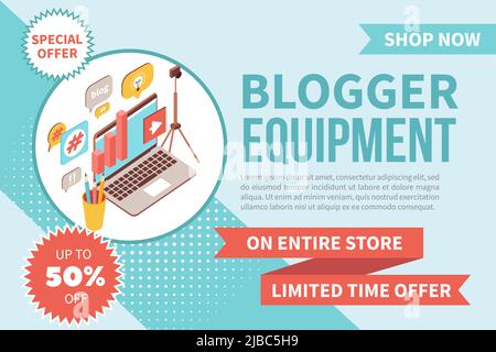 Blogger equipment banner isometric background with advertising text festive ribbons and images of home video technics vector illustration Stock Vector