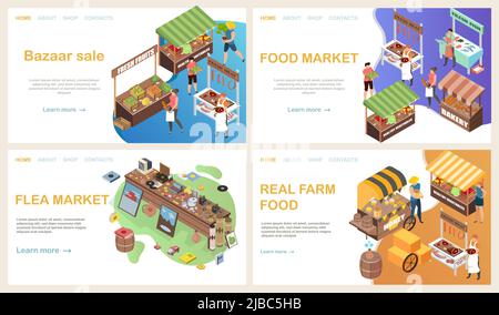 Bazaar web page isometric set with horizontal landing website backgrounds with clickable links text and images vector illustration Stock Vector