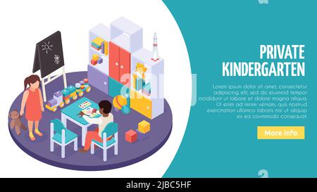 Private kindergarten small classroom interior with individual play learning activities combination isometric web page banner vector illustration Stock Vector