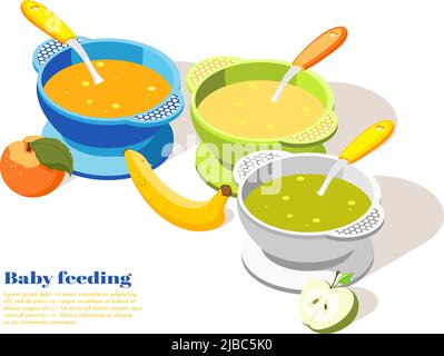 Baby infant toddler child healthy food serving isometric background composition with banana apple puree bowls vector illustration Stock Vector
