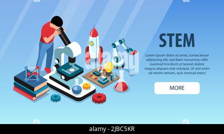 Isometric stem horizontal banner with more button editable text and composition of educational and scientific objects vector illustration Stock Vector