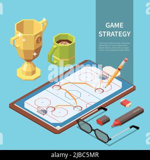 Game strategy shown on sport field isometric composition with cup of coffee pencil marker glasses 3d vector illustration Stock Vector