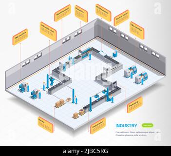 Industrial equipment set isometric composition with indoor view of operating department with people and text boxes vector illustration Stock Vector