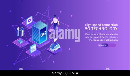 Isometric 5g internet horizontal banner with molecule shaped images of network elements with text and button vector illustration Stock Vector