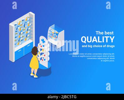 Pharmacy isometric blue background illustrated best quality and big choice of drugs vector illustration Stock Vector