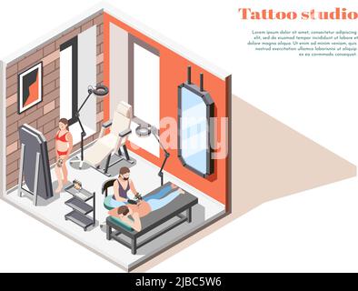 Tattoo studio interior isometric composition with mirrors floor lamps artist applying design on clients back vector illustration Stock Vector