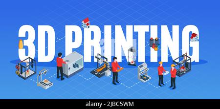 Isometric 3d printing composition with text surrounded by flowchart of human characters with hardware device elements vector illustration Stock Vector