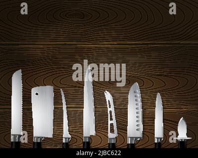 Kitchen butchers knives set closeup realistic image on dark textured wood with slicer carver cleaver vector illustration Stock Vector