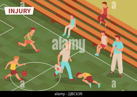 Sport injury isometric composition with text and football playground with injured teenage player and his teammates vector illustration Stock Vector