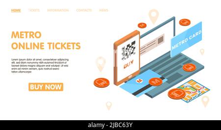 Metro online tickets page design with metro card symbols isometric vector illustration Stock Vector