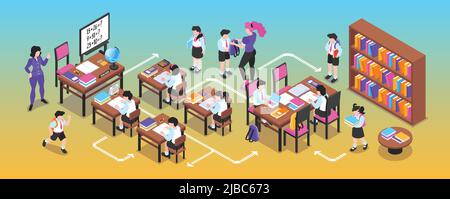 Isometric junior school narrow composition with children sitting at desks books in library case with arrows vector illustration Stock Vector
