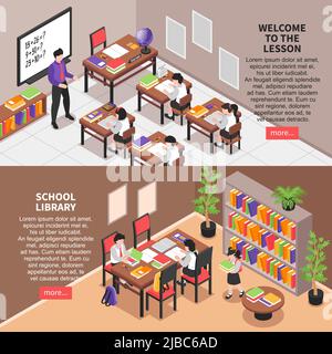 Isometric school education horizontal banner with editable text more ...