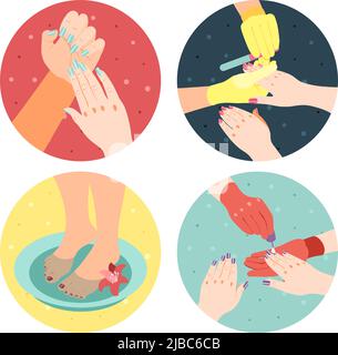 Manicure and pedicure process isometric 4x1 icons set with hands feet and painted nails 3d isolated vector illustration Stock Vector