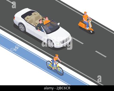 People using personal transport driving and riding on road and cycle lane 3d isometric vector illustration Stock Vector
