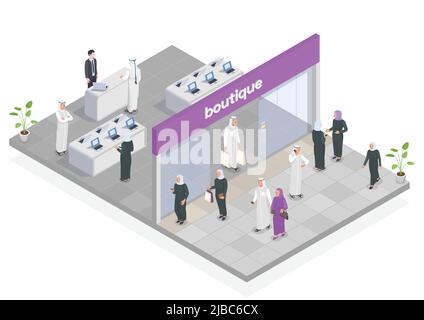 Arab people doing shopping isometric composition 3d vector illustration Stock Vector