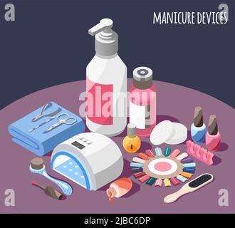 Manicure devices isometric background with nail polish palette kit lamp cotton pads  remover 3d vector illustration Stock Vector