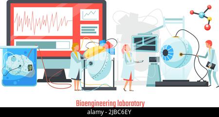 Future technology flat composition with scientists characters and hi tech devices artificial human brains and eyes vector illustration Stock Vector