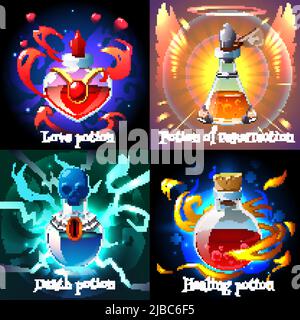 Magic love resurrection healing and death potions in glass flasks realistic 2x2 design concept isolated vector illustration Stock Vector