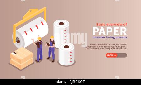 Basic overview of paper manufacturing process isometric horizontal web banner landing page with finished rolls vector illustration Stock Vector