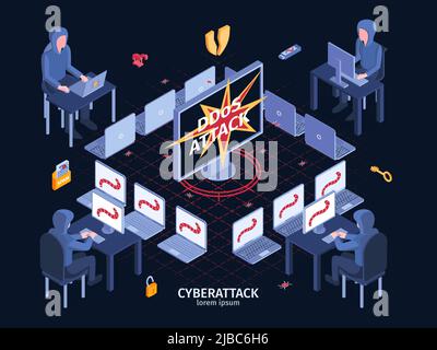 Isometric hacker horizontal composition with text and view of multiple computers network performing ddos cyber attack vector illustration Stock Vector