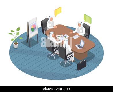 Arab people at business meeting in office 3d isometric vector illustration Stock Vector