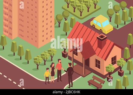 Real estate isometric composition with outdoor scenery living houses trees and characters of realtor with clients vector illustration Stock Vector