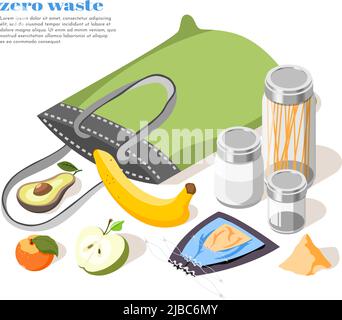 Zero waste isometric composition with eco friendly containers bag and organic products 3d vector illustration Stock Vector
