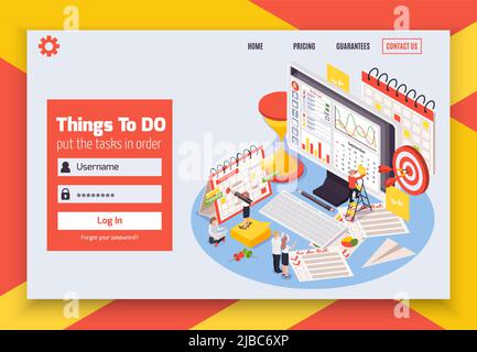 Time management planning schedule isometric composition with things to do put the task in order headline vector illustration Stock Vector