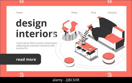 Design of interiors web page isometric landing website background with clickable links buttons and furniture images vector illustration Stock Vector