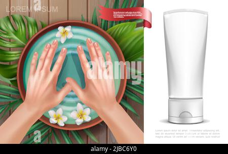 Realistic skincare colorful concept with female hands in bowl with water and plumeria flowers palm leaves mockup of cream cosmetic tube vector illustr Stock Vector