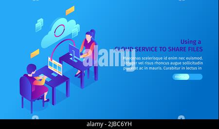 Isometric cloud service horizontal banner with people at computer desks and file sharing pictograms with text vector illustration Stock Vector