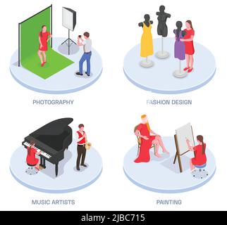 Creative people professions artist isometric set of four compositions with human characters on circle platforms and text vector illustration Stock Vector