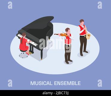 Creative people professions artist isometric composition with text and group of people performing music on instruments vector illustration Stock Vector