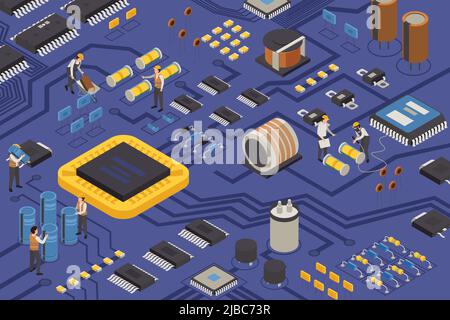 Semiconductor element production isometric composition with construction workers on circuit board moving capacitors transistors and microprocessors ve Stock Vector