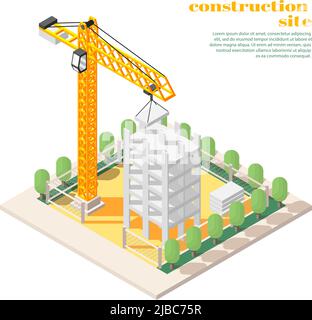 Civil architectural engineering projects roles responsibilities isometric composition with tower crane on building construction site vector illustrati Stock Vector