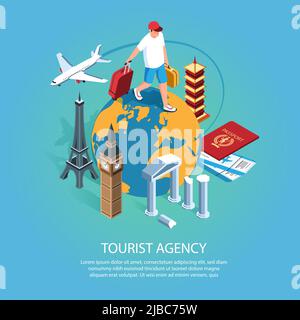 Isometric tourist agency background with editable text description and character of man walking on earth globe vector illustration Stock Vector