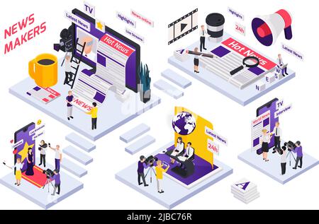 Journalistis reporters news media isometric concept with stairs news makers interview live streams and highlights descriptions vector illustration Stock Vector